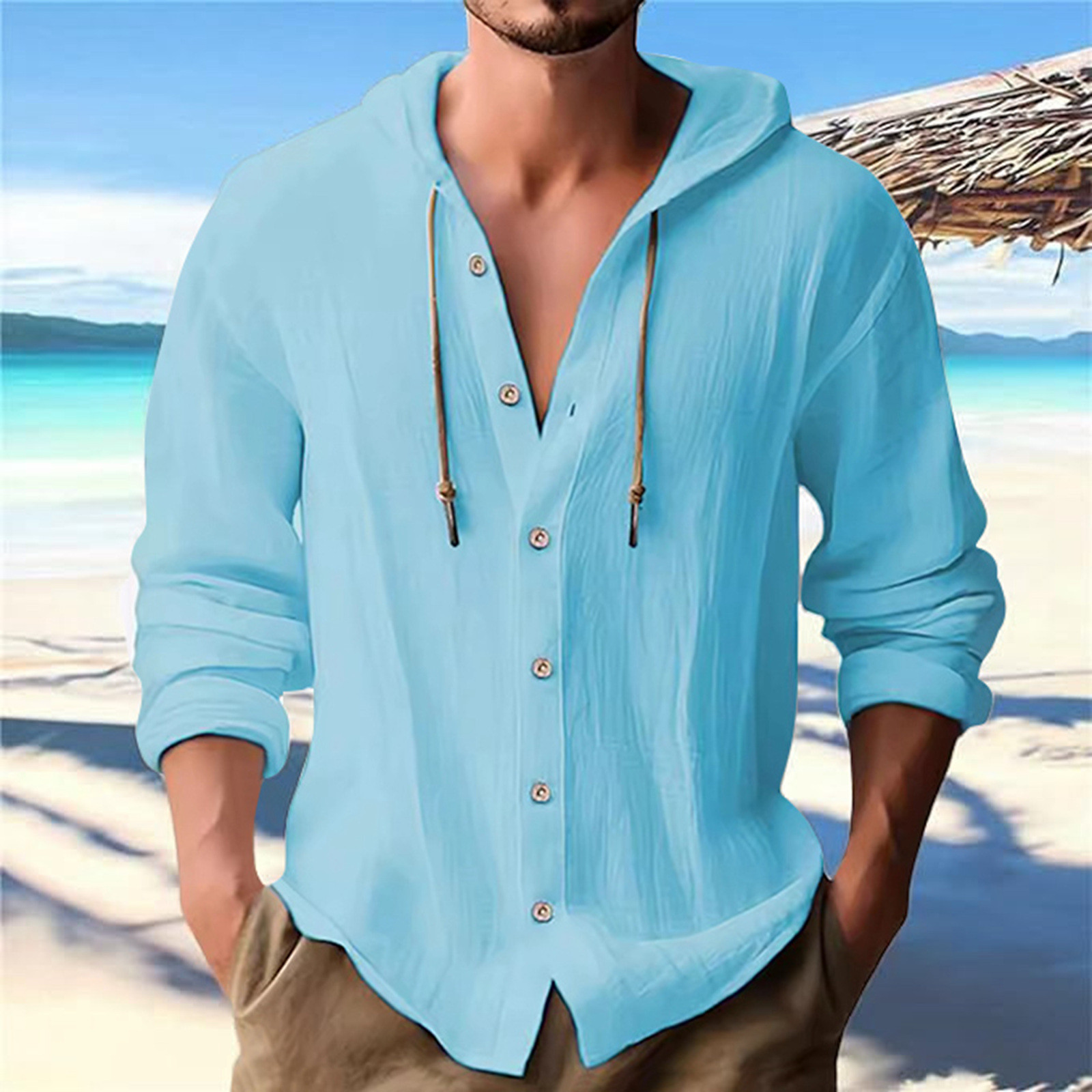 thumbnail image 4 of Camisa de lino con botones y capucha para hombre: manga larga, lengüetas para remangar, botones de madera, ropa de playa/casual, tallas S-XXXL, 4 of 8